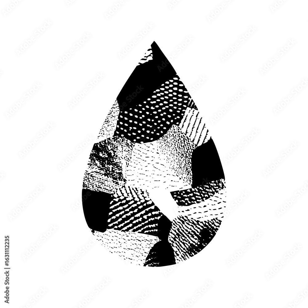 Poster vector abstract droplet composed of textured geometric shapes.