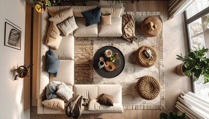 Overhead view of a modern living room with sectional sofa, coffee table, and area rug