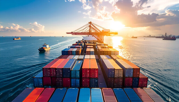 Container ship sunset ocean port.