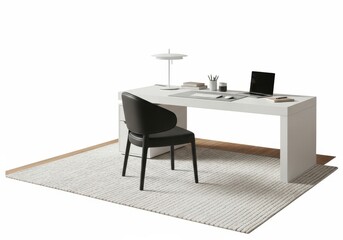 Modern white desk with black chair and rug isolated on white background