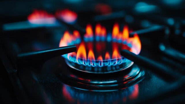 Close-up view of a natural gas stove burner with a vibrant blue flame illuminating the kitchen