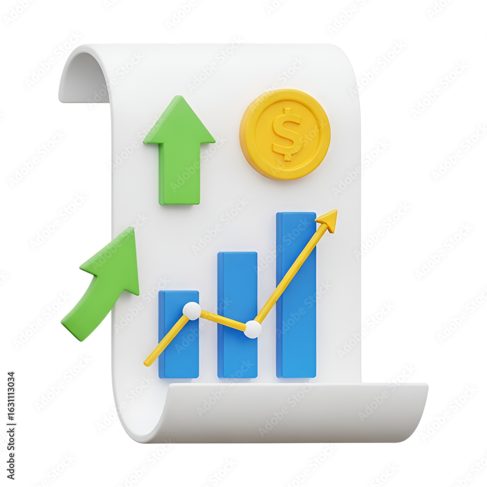 Poster 3d icon of financial growth chart with upward arrows and coin isolated on transparent background 3d 