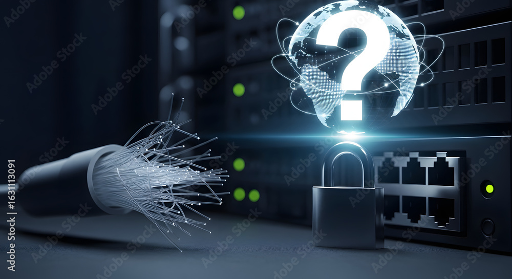 Poster data security challenges: a modern data center showcases the intricate network of servers, fiber opt