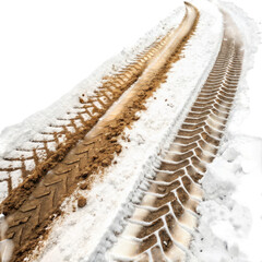 Overhead view of muddy tire tracks imprinted in fresh white snow on a dark background isolated on transparent background