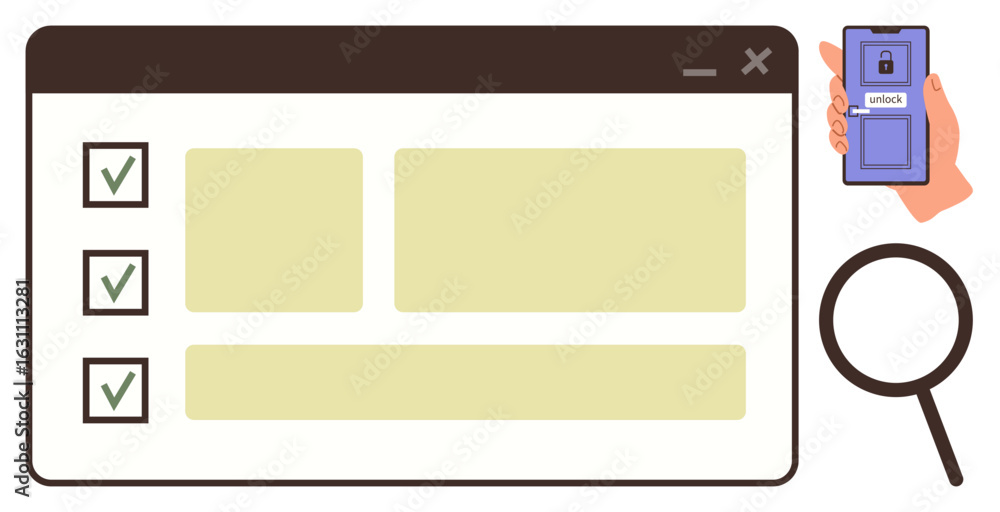 Poster checklist on a web interface beside a smartphone with a lock screen and a magnifying glass. ideal fo