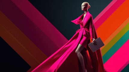 Bald model poses in magenta dress against colorful diagonal striped backdrop