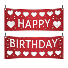 Festive red banners with white hearts and lettering spelling out happy birthday isolated on transparent background