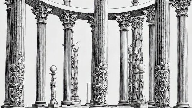 Detailed black and white drawing of a round architectural structure with ornate columns