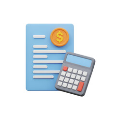 3d illustration of a calculator, a coin with a dollar sign, and a document, isolated on transparent background 3d render icon