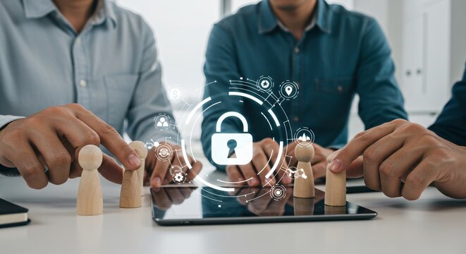 Cybersecurity and data protection concept. Business managers using a virtual interface with a padlock to secure user information.