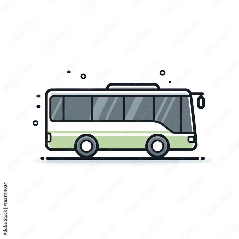 Poster side view of a light green bus with black outlines on background