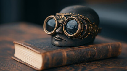 Vintage Steampunk Goggles on Decorative Craft Book in Cozy Inspiring Workspace Setting