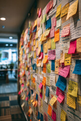 A colorful wall full of sticky notes and to-do lists in a coworking hub A team is revising their roadmap and assigning new tasks The atmosphere is serious, Generative AI