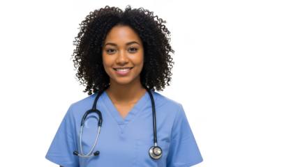 Smiling young female doctor wearing blue scrubs and stethoscope isolated on transparent background