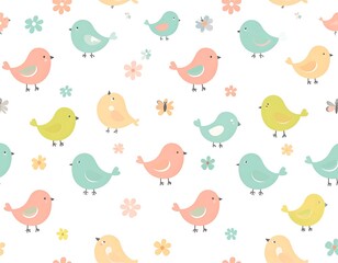 Pastel birds and flowers repeat pattern