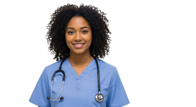 Smiling young female doctor wearing blue scrubs and stethoscope isolated on transparent background