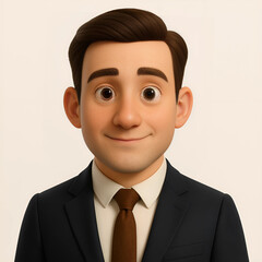 3D cartoon character avatar, centered face, professional outfit, clean background, soft shadows, stylized render, realistic textures