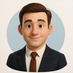 3D cartoon character avatar, centered face, professional outfit, clean background, soft shadows, stylized render, realistic textures, isolated on white or pastel circle background