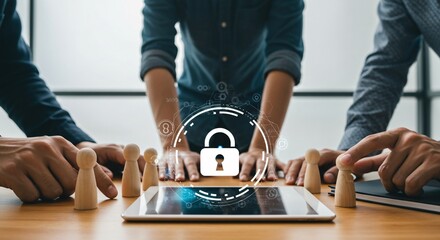 Cybersecurity concept with a business team managing digital protection and data privacy in a meeting using a futuristic interface.