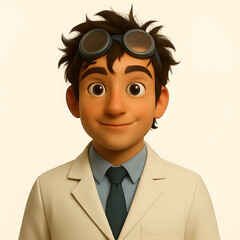 3D cartoon scientist with lab coat, goggles on forehead, messy hair