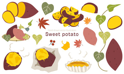 かわいい手描きのサツマイモのイラスト素材セット