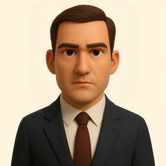 3D cartoon corporate executive, suit and tie, serious expression