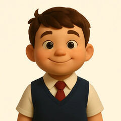 3D cartoon child with playful smile, school uniform, round face