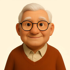 3D cartoon elderly man with glasses, white hair, warm expression