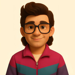 3D cartoon character with retro style, big glasses, 80s fashion