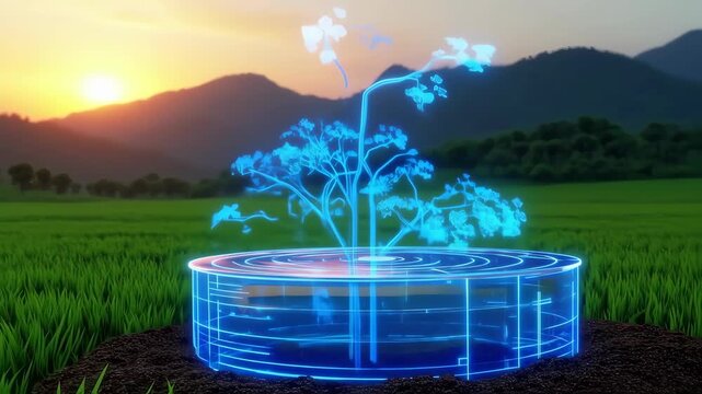 Holographic visualization of a tree within a circular structure in a field at sunset