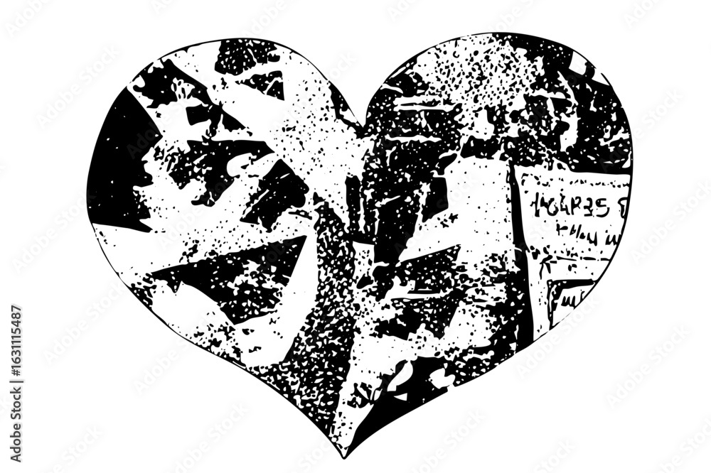 Poster vector distressed heart with fragmented texture and handwritten script.