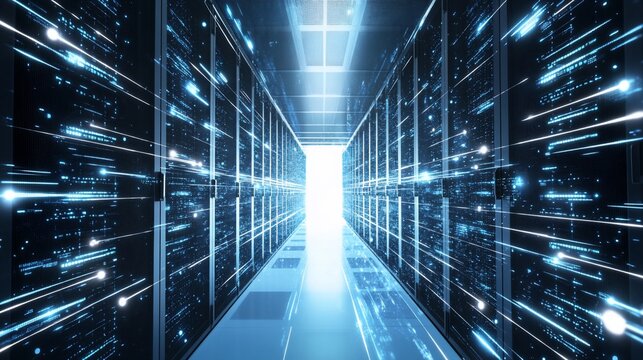 Futuristic server room illuminated with streaks of light and data flow - Powered by Adobe