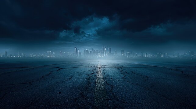 Wide-angle dark blue night road to misty city silhouette with cracked textures, cinematic background template for sci-fi concepts and mystery media.