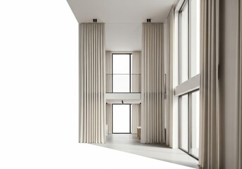 Modern interior hallway with tall windows and curtains isolated on white background