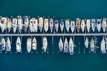 Bird's eye view of yachts moored in rows in Fremantle Marina