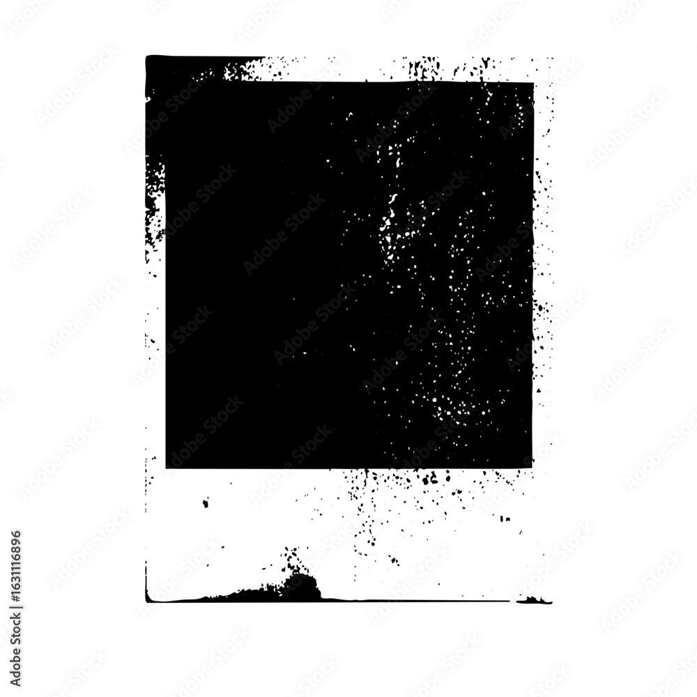 Poster vector abstract black rectangle with distressed edges and scattered speckles.