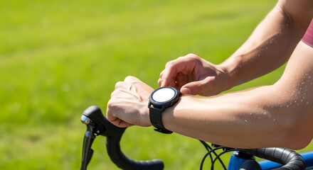 A cyclist adjusts their smartwatch on their wrist while holding the handlebars of a road bike.