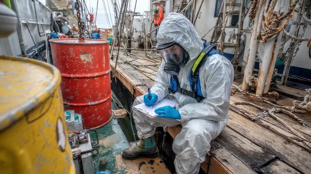 Researcher in protective gear recording oceanographic data next to experimental equipment on vessel deck investigating temperature and salinity of coastal waters.