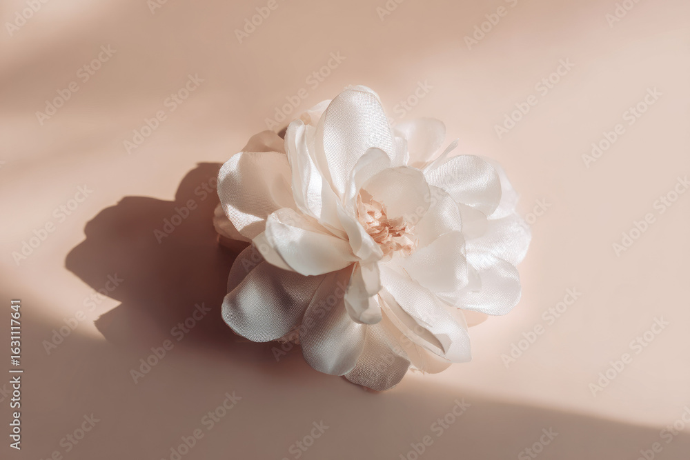 Poster white artificial flower satin texture soft beige background delicate shadow minimal style elegant an