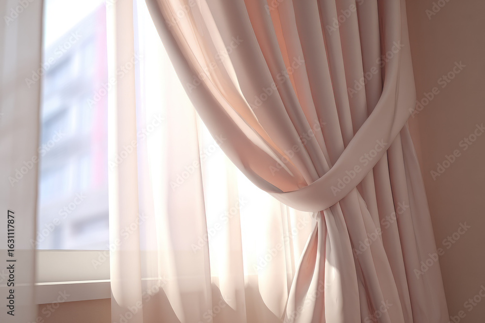 Poster soft curtain gently covering window, allowing partial light to filter through, creating calm and coz
