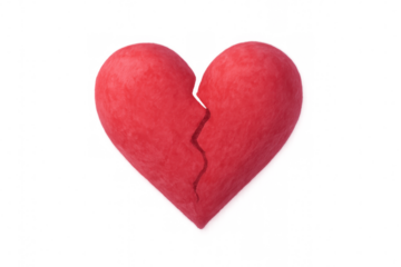 Fractured red heart divided by deep crack, representing emotional pain, relationship breakdown, heartache against transparent backdrop