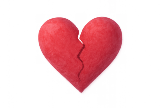Fractured red heart divided by deep crack, representing emotional pain, relationship breakdown, heartache against transparent backdrop