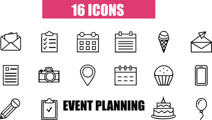 Collection of Event Planning Icons for Web and Mobile Design Creating Schedules and Celebrating Special Occasions with Party Elements