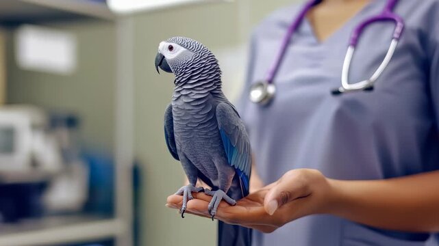 African Grey Parrot on Vet's Hand: A close-up captures the interaction between a vet, stethoscope around their neck, and a grey parrot perched on their open hand in a clinic setting.