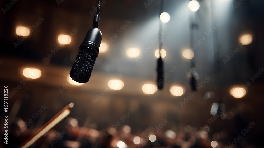Poster multiple microphones suspended over a classical orchestra recording setup