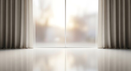 Bright and serene empty room interior, sunlit window view, elegant drapes adorn the space for