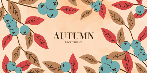 Autumn Background with Abstract Leaves and Blueberries or Bilberries on Watercolor Background. Fall Seasonal Banner with Foliage  leaf and Blue Berries. Autumn Vector Illustration trendy modern style.