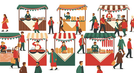 Festive street food market with vendors and happy shoppers enjoying a vibrant atmosphere