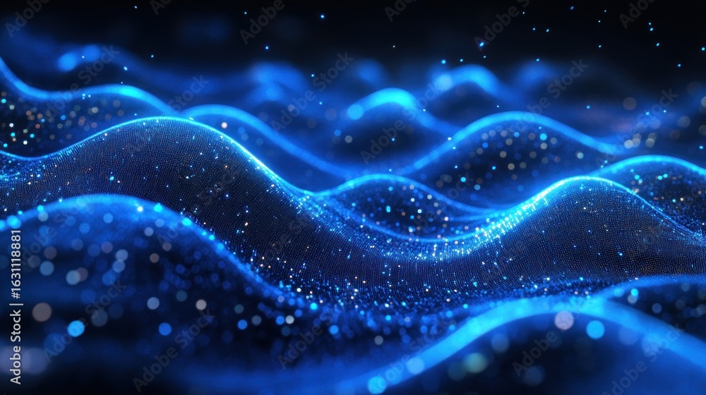 Poster blue digital wave pattern with glowing particles.
