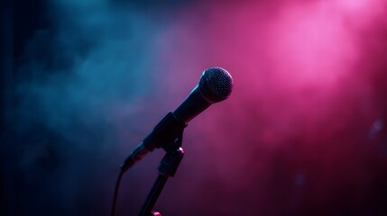 Obraz premium Microphone with vibrant neon lighting at a music performance